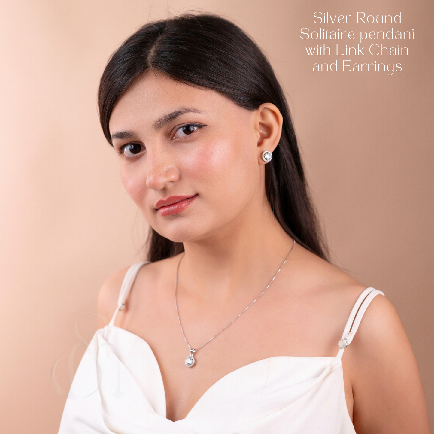 Silver Round Solitaire pendant with Link Chain and Earrings