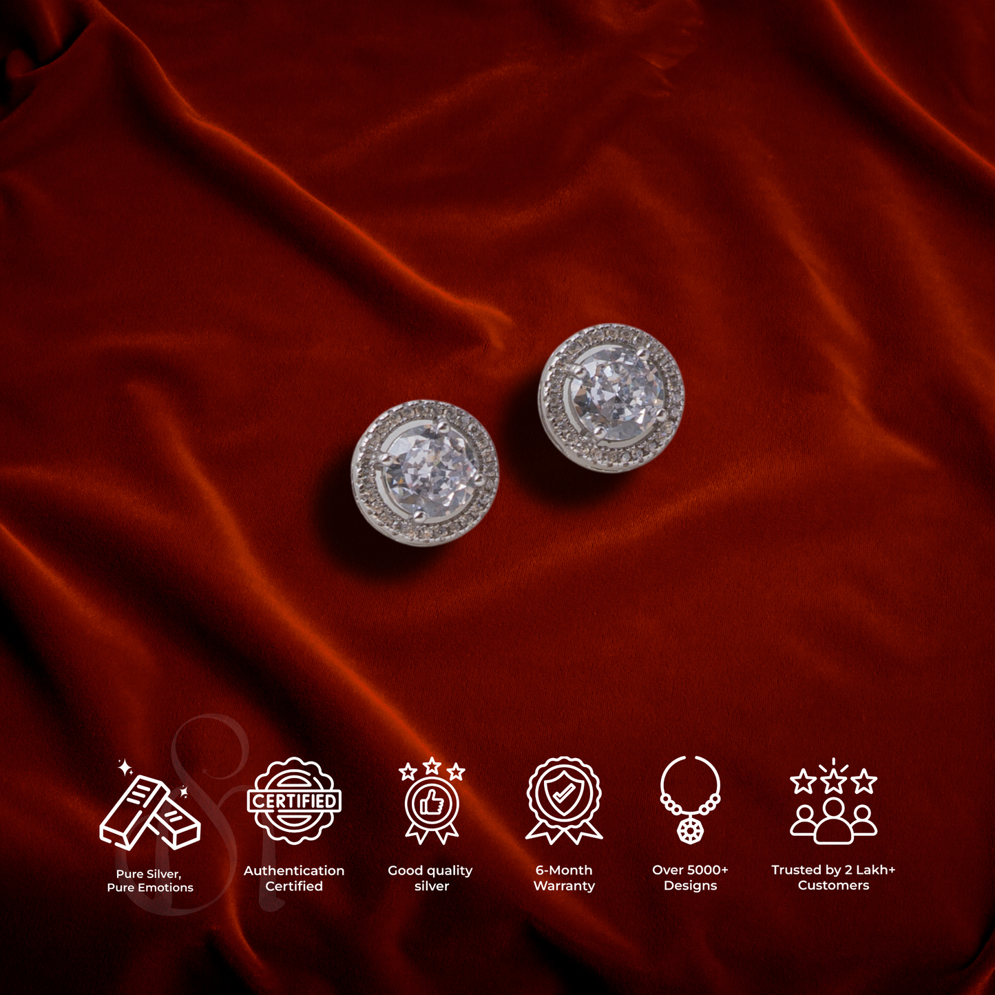 Silver Round Solitaire pendant with Link Chain and Earrings