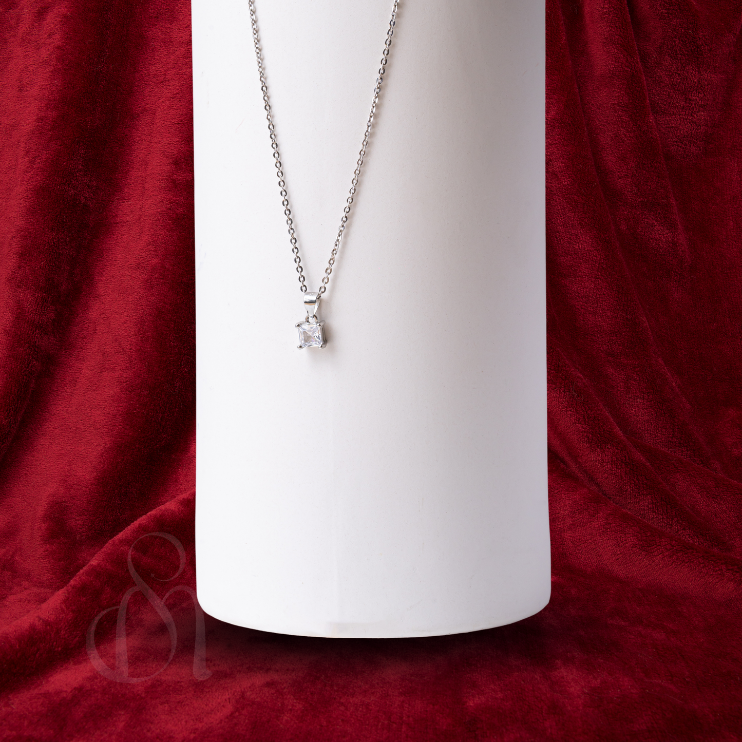 Classic Silver Square Solitaire pendant with Link Chain and Earrings