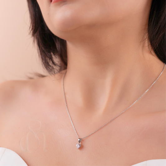 Classic Silver heart Solitaire pendant with Link Chain and Earrings