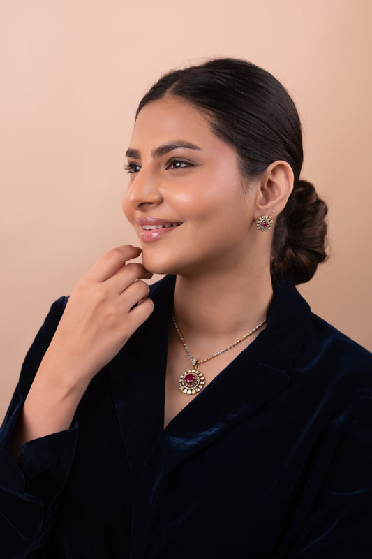 Gold Polish 92.5 Silver Polki Pendant Set with Chain