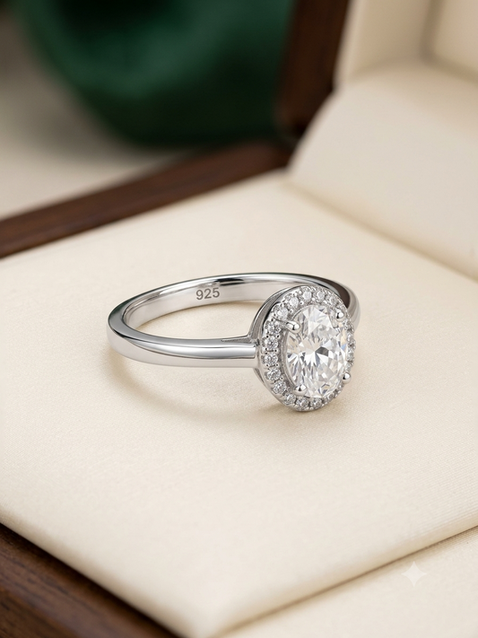 Oval Halo Solitaire Ring in 925 Sterling Silver