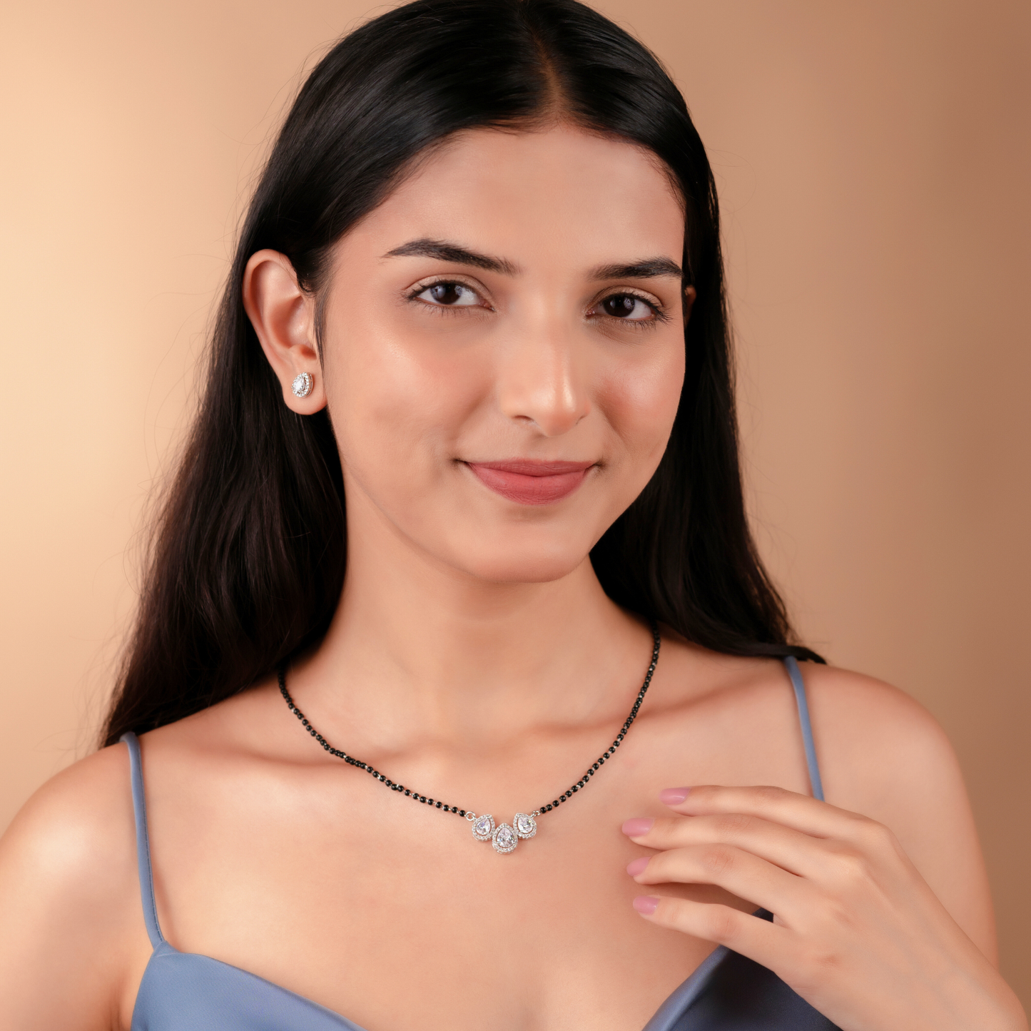 Silver Pear Mangalsutra Set with Zircons