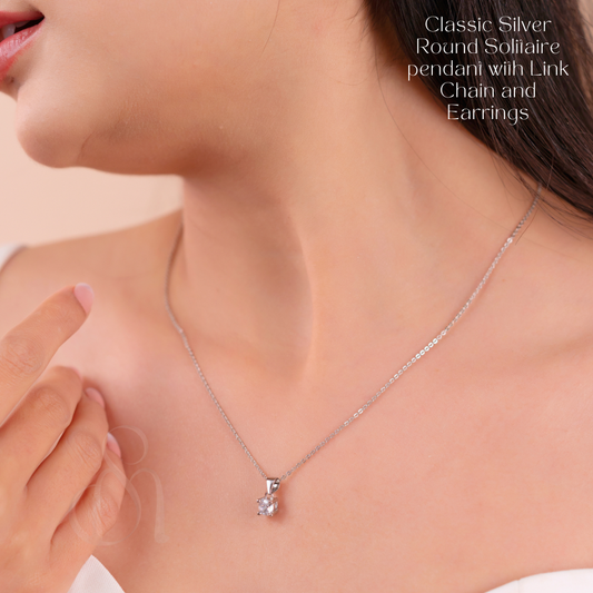 Classic Silver Round Solitaire pendant with Link Chain and Earrings
