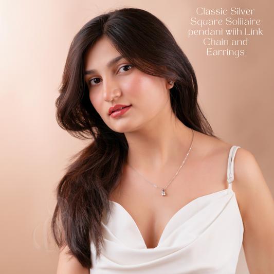 Classic Silver Square Solitaire pendant with Link Chain and Earrings