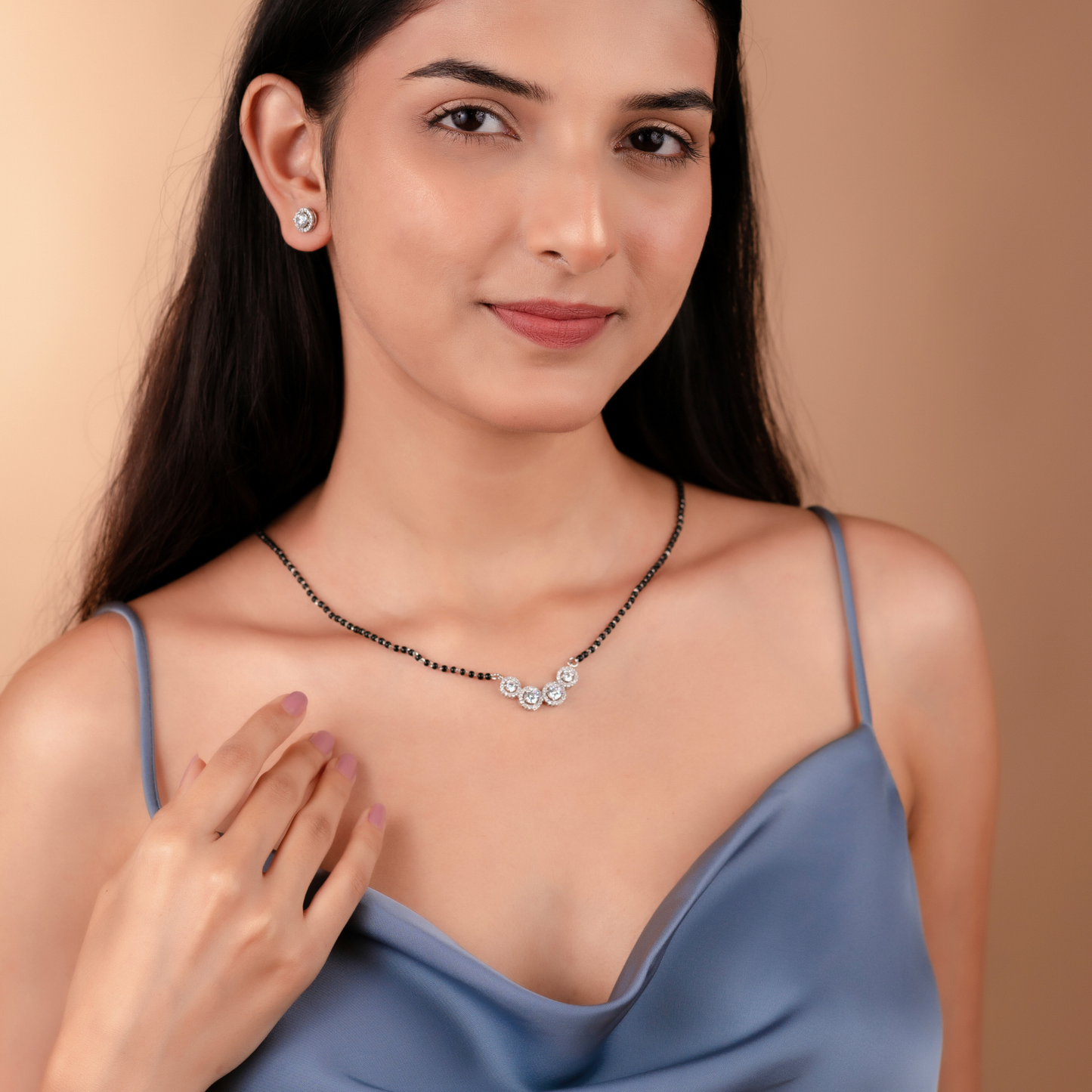 Silver Solitaire Mangalsutra & Earrings Set