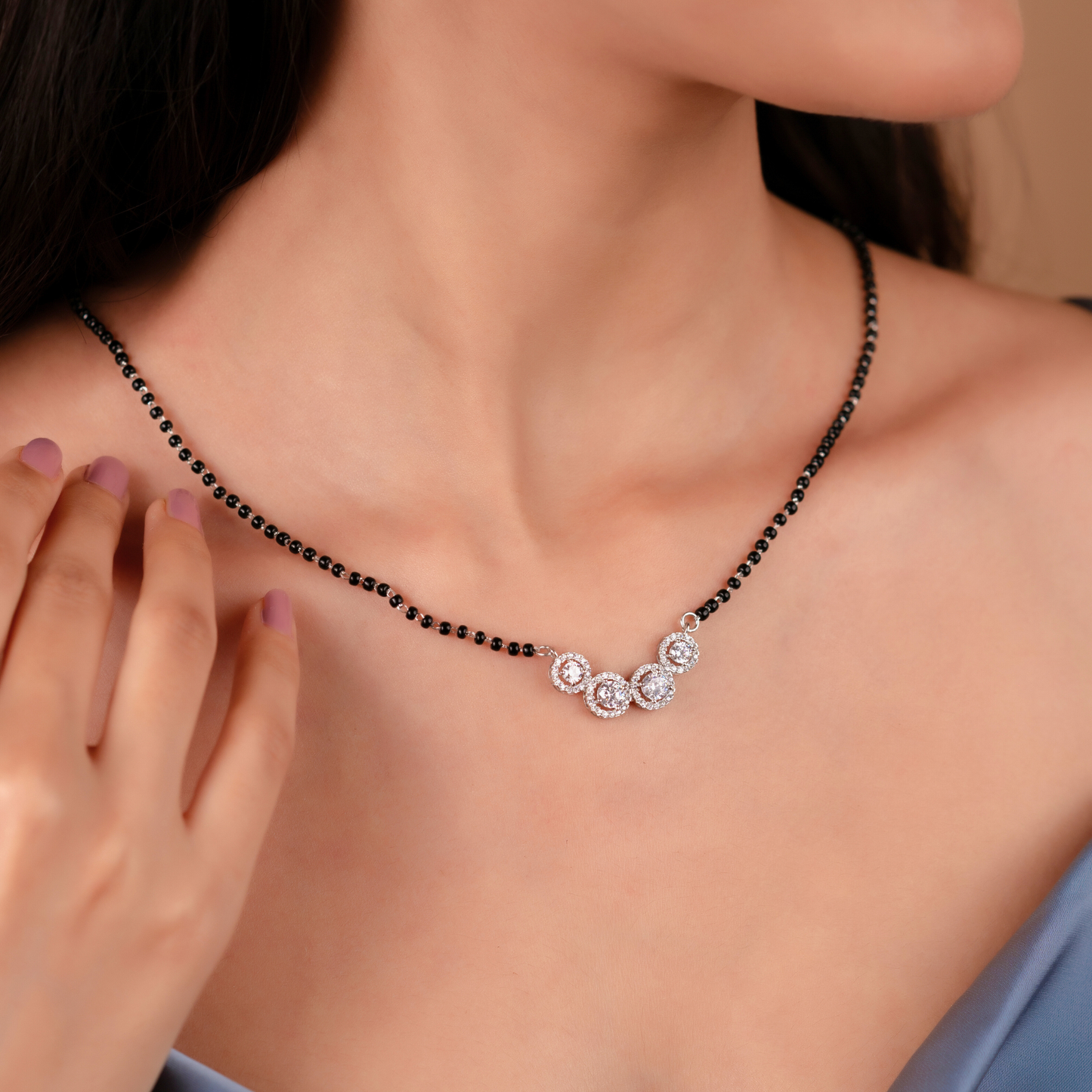 Silver Solitaire Mangalsutra & Earrings Set