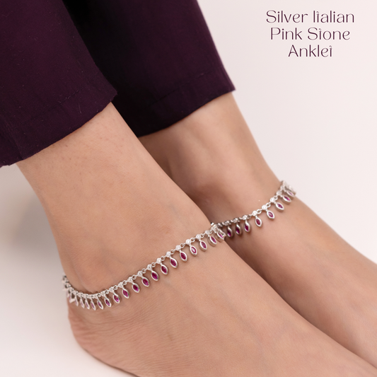 Silver Italian Pink Stone Anklet