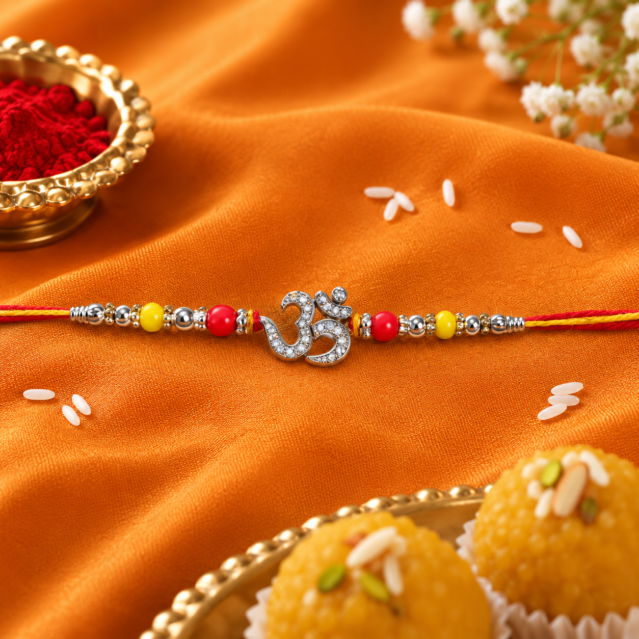 925 Pure Silver Om Rakhi for Brother with Roli Chawal and Certificate