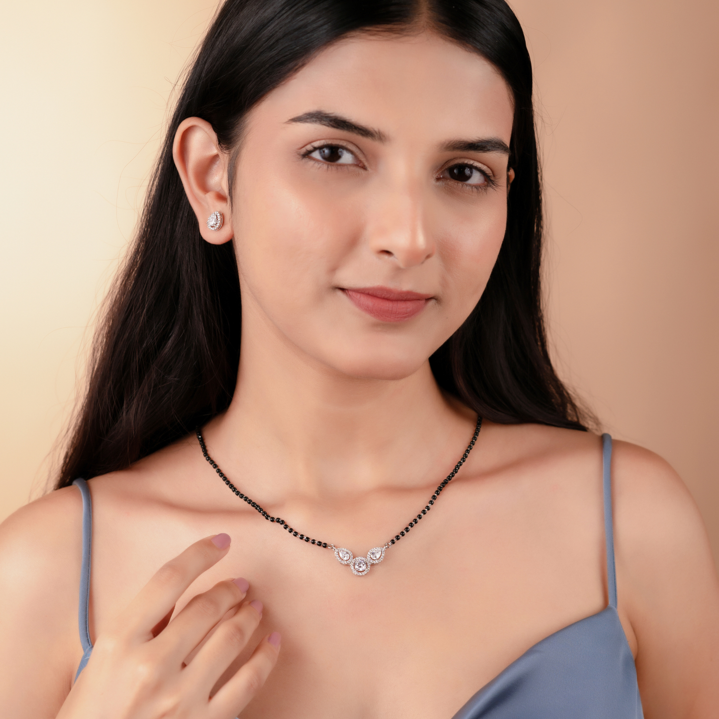 Silver Round Solitaire Mangalsutra Set