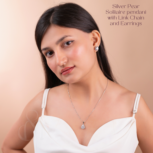 Silver Pear Solitaire pendant with Link Chain and Earrings