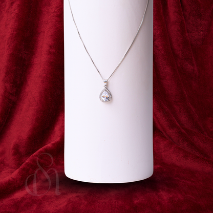 Silver Pear Solitaire pendant with Link Chain and Earrings