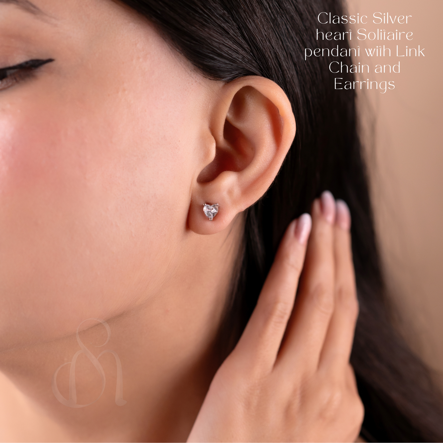 Classic Silver heart Solitaire pendant with Link Chain and Earrings