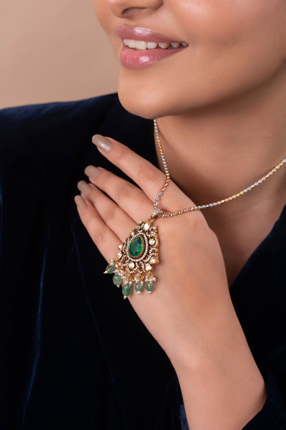 Gold Polish 92.5 Silver Polki Pendant Set with Chain