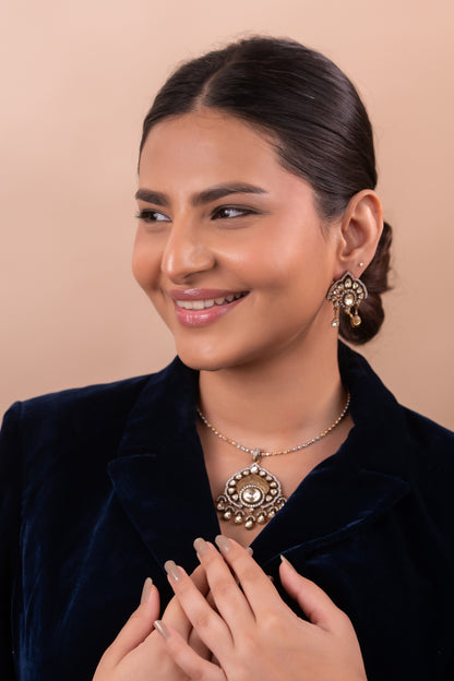 Gold Polish 92.5 Silver Polki Pendant Set with Chain