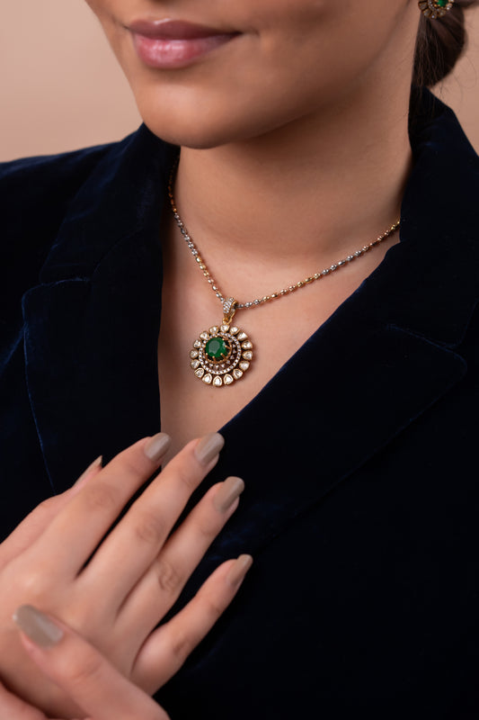 Gold Polish 92.5 Silver Polki Pendant Set with Chain