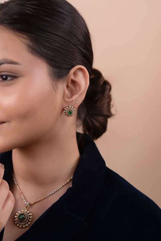 Gold Polish 92.5 Silver Polki Pendant Set with Chain