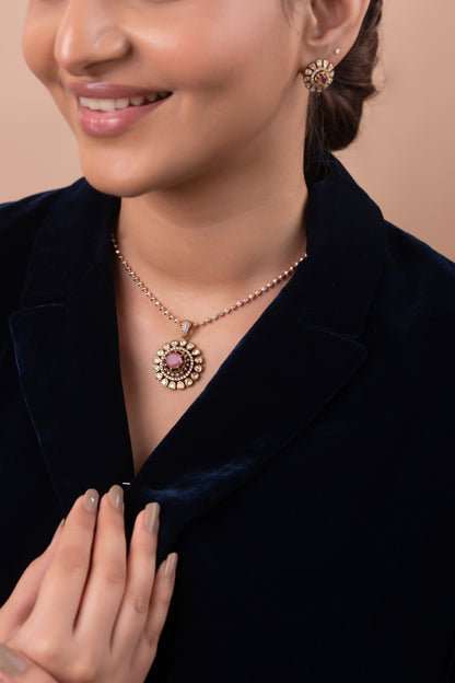 Gold Polish 92.5 Silver Polki Pendant Set with Chain