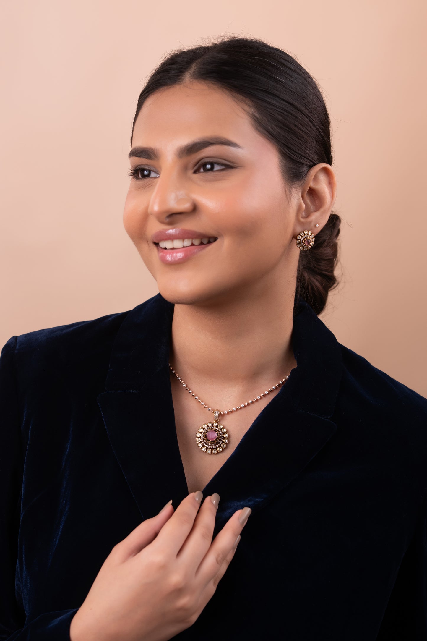 Gold Polish 92.5 Silver Polki Pendant Set with Chain (Copy)