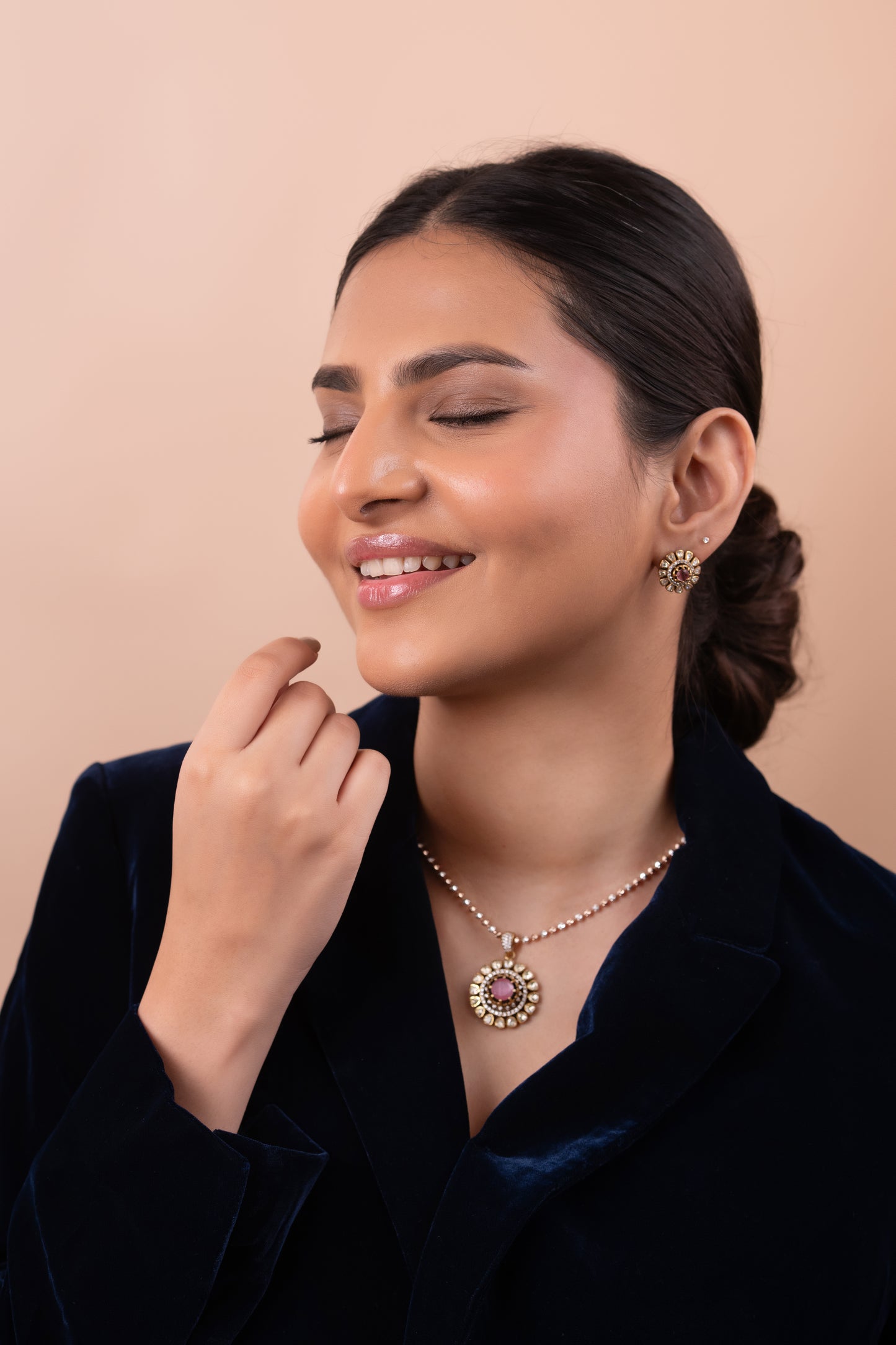 Gold Polish 92.5 Silver Polki Pendant Set with Chain (Copy)