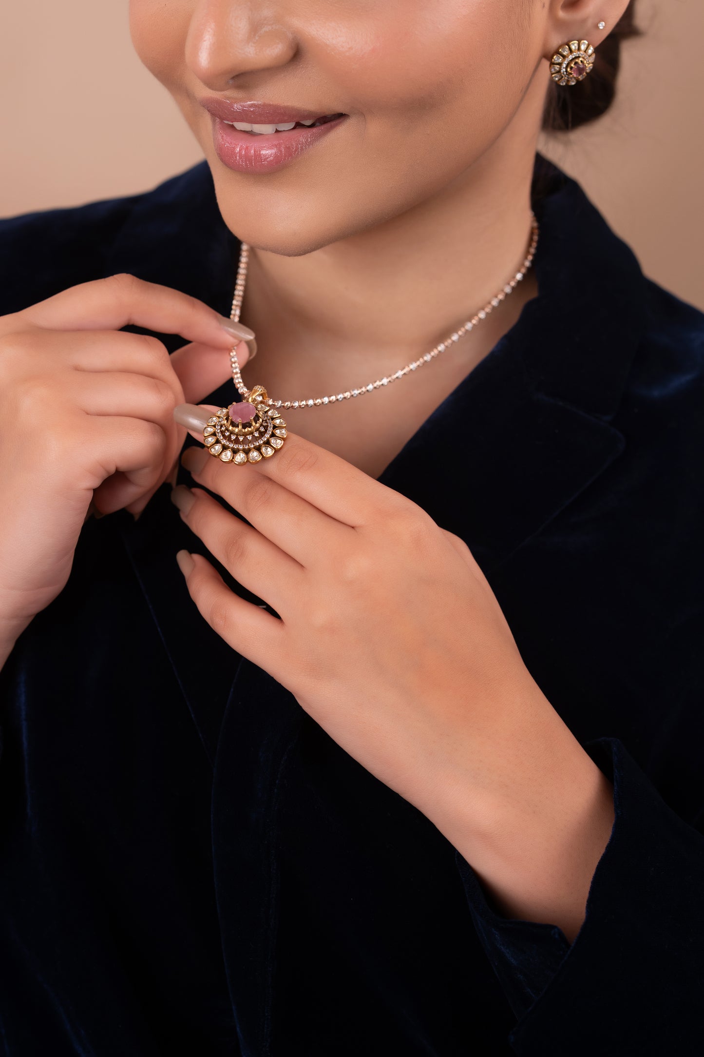 Gold Polish 92.5 Silver Polki Pendant Set with Chain (Copy)