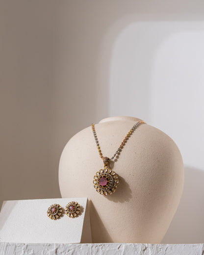 Gold Polish 92.5 Silver Polki Pendant Set with Chain