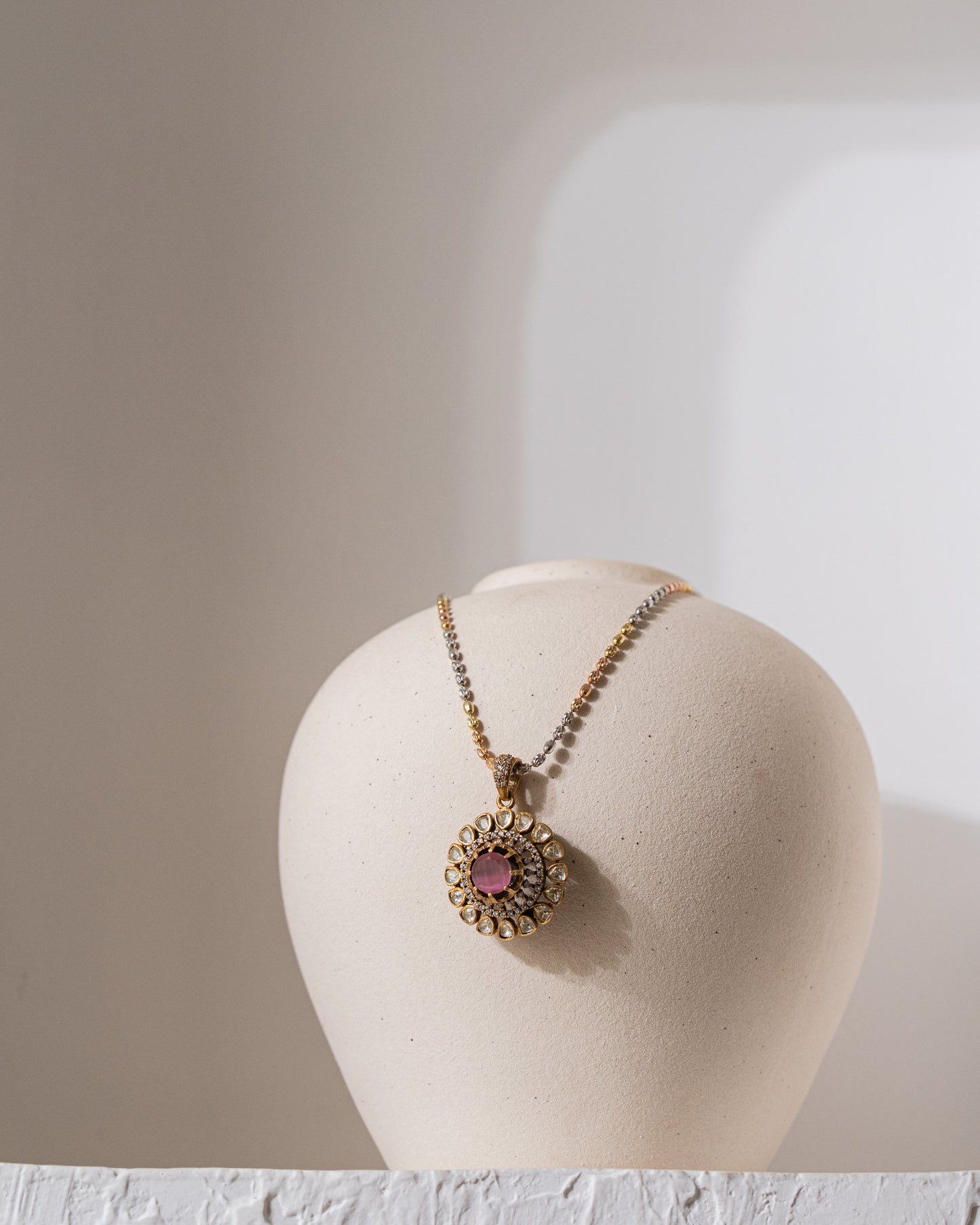Gold Polish 92.5 Silver Polki Pendant Set with Chain
