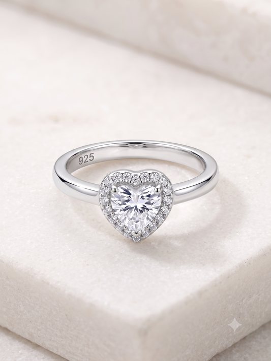 Sparkling Heart Halo Ring in 925 Sterling Silver
